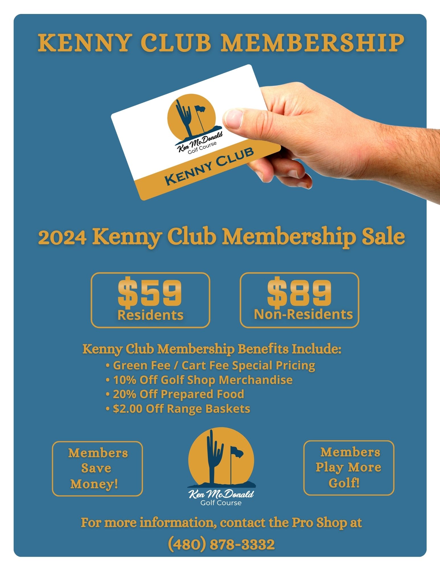Kenny Club Membership Flyer - Benefits Include: 10% Off Golf Shop Merchandise, 20% Off Prepared Food, $2.00 off Range Baskets - Residents: $59, Non-Residents: $89